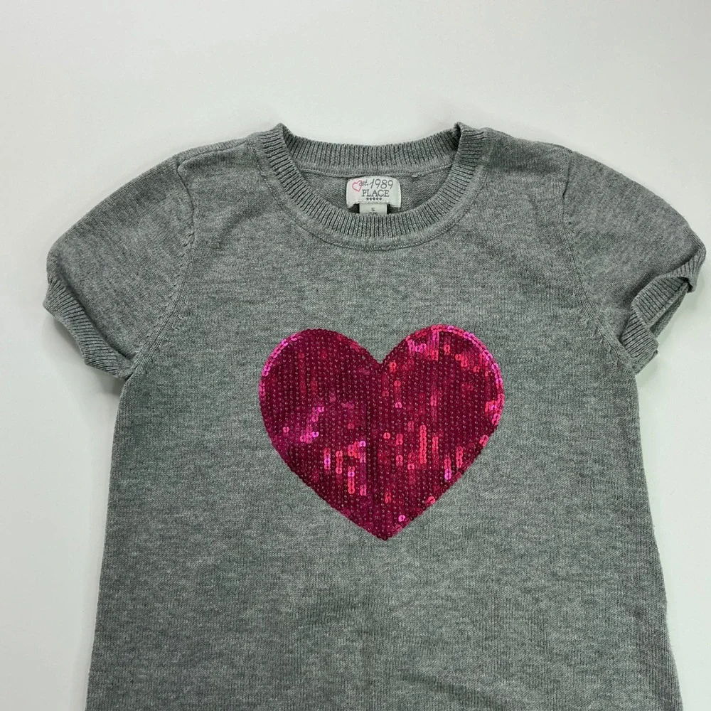 The Children's Place Grey Sweater Dress Kids 5/6 Pink Sequin Heart Short Slv